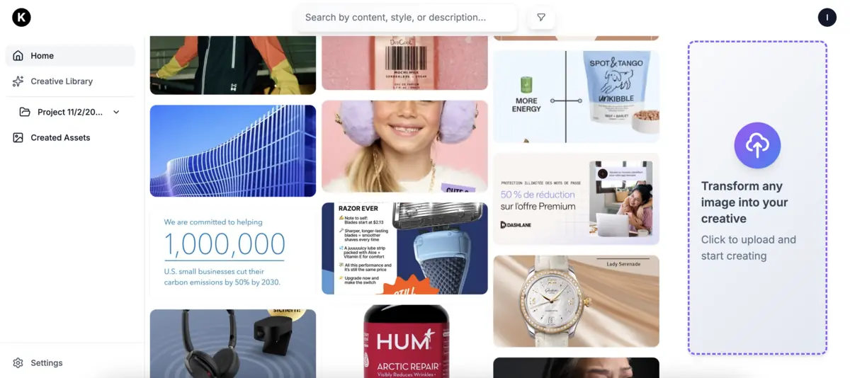 Kaloia dashboard showing ad library
